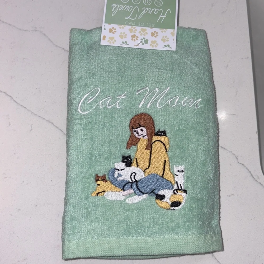 Set of TWO Cat Mom hand towels nwt